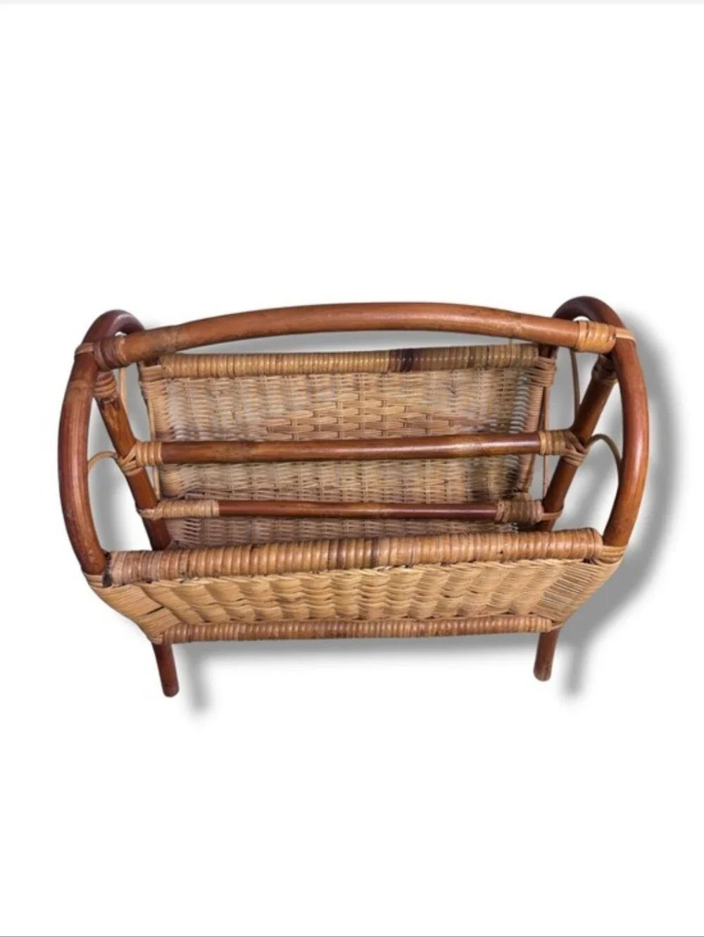 VINTAGE Bamboo Wicker Rattan Woven Magazine Holder Heart End Details